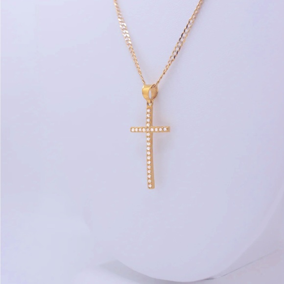 Unisex- 14K- Cross pendant with white cubic zirconia stones with a fine necklace - Picture 2 of 2